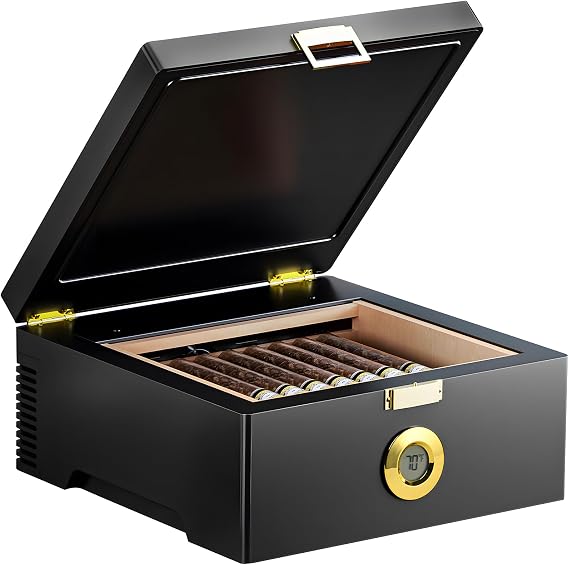 KingChii Electric Temperature Control Cigar Humidor Box (64F-74F), Bulid-in Fan for 360 Air Circulation,With Spanish Cedar Wood & Thermometer, Type C & Plug Cable, Gifts for Men (20-30 Cigars)