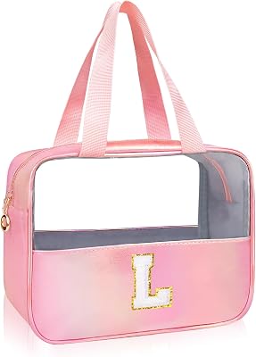 Personalized Initial Clear Makeup Bag Pink Cosmetic Bag Set Large Travel Toiletry Bag, Cute Clear Make Up Bags Organizer Bag for Girlfriend Teacher Gifts Teen Girl Gifts Trendy Stuff L Pink