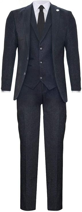 Men's Classic 3 Piece Charcoal Grey Herringbone Peaky Blinders Tweed Suit