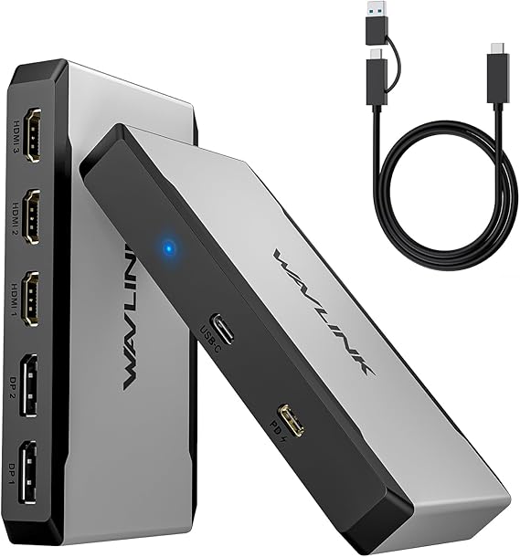 3 Monitor Docking Station,WAVLINK triple monitors adapter for M1/M2/M3/M4/Macbook Neo MacOS.Type-C&A hosts, 100W PD IN,3* HDMI + 2* DP Available,Triple 4K@60Hz, SMI Driver & Host USB3.2 Gen 2 Required