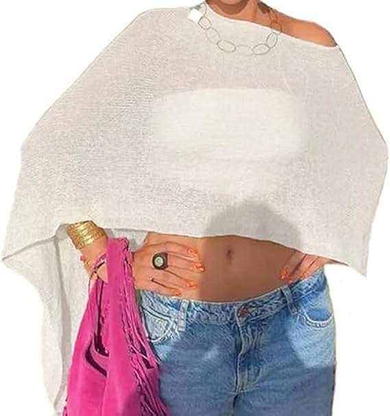 Y2K Sheer Knit Poncho Tops for Women Lightweight Summer Beach Shrug Shawl Bolero Off Shoulder Mesh Sweater Cover Up