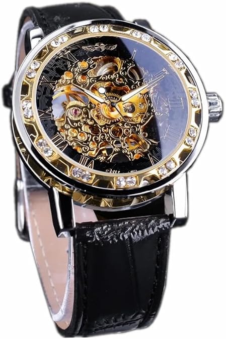 Classic Skeleton Mens Watches Hand Wind Mechanical Black Leather Strap Luminous Royal Design Transparent Fashion Diamond Watch