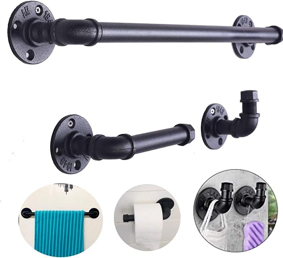 Industrial Pipe Bathroom Hardware Fixture Set by Pipe Decor 3 Piece Kit Includes Robe Hook 18 Inch Towel Bar and Toilet Paper Holder Heavy Duty DIY Style Modern Chic Electroplated Black Finish
