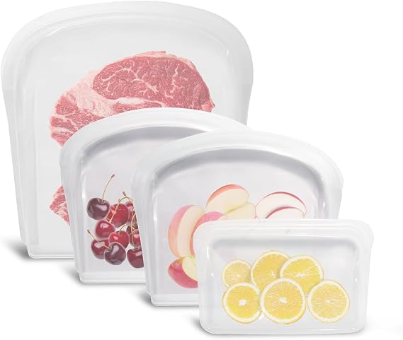 4 Pack Seal Top Silicone Food Storage Bags Microwave Oven Safe | Heavy duty reusable bags in snack, sandwich & half gallon sizes, safe for freezer, oven and dishwasher cleaning