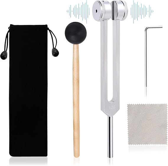 128 Hz Tuning Fork Set，Aluminum Alloy Tuning Fork with Silicone Hammer and Bag，with Silicone Striker and Pouch Sound Therapy Meditation and General Wellness Practice（Silver）