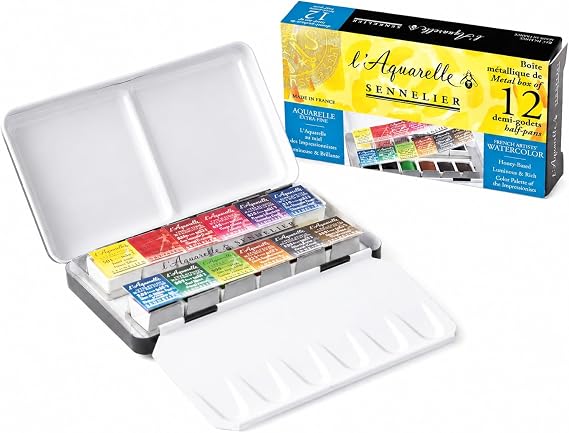 SENNELIER L'Aquarelle French Watercolor Paint, Metal Box Pocket Set of 12 Half Pans