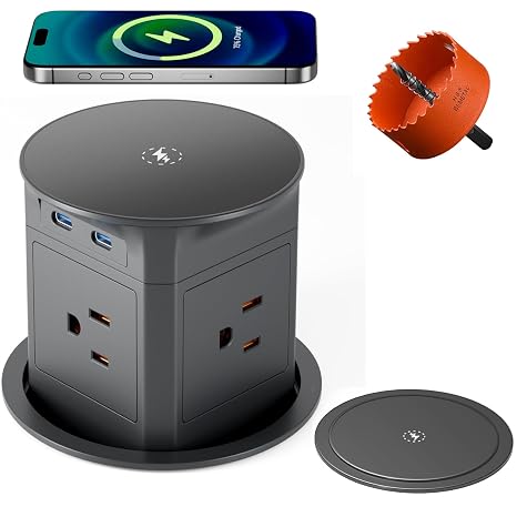 Pop Up Countertop Outlet with 15W Wireless Charger,Pop up Outlet,Max 20W USB Power Delivery,3.94" Space Saver Recessed Outlet,Pop Up Electrical Outlet with 4 Outlets 2 USB Ports for Home Office(Grey)