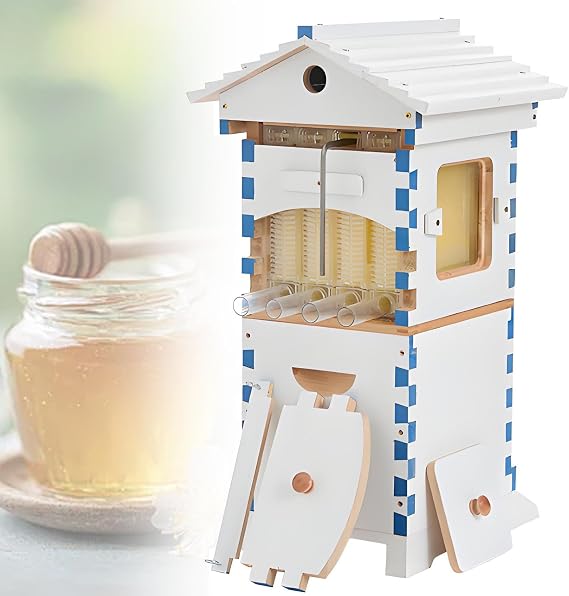Beehive Starter Kit, Self-Flow Hive with Observation Window & Honey Spout, Complete Wooden Bee Box with 4 Frames & 6 Honeycomb Trays, for Garden Pollinators