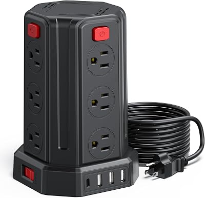 Power Strip Surge Protector, 10 Ft Extension Cord with 12 AC Multiple Outlets 4 USB 1 USB C, SMALLRT Power Tower Desktop Charging Station