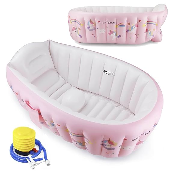 PandaEar Inflatable Baby Bathtub, Portable Travel Bath Tub with Air Pump | Foldable Shower Basin Mini Air Swimming Pool for Toddler Infant Newborn, Safe PVC Material With Non Slip Bottom, Pink