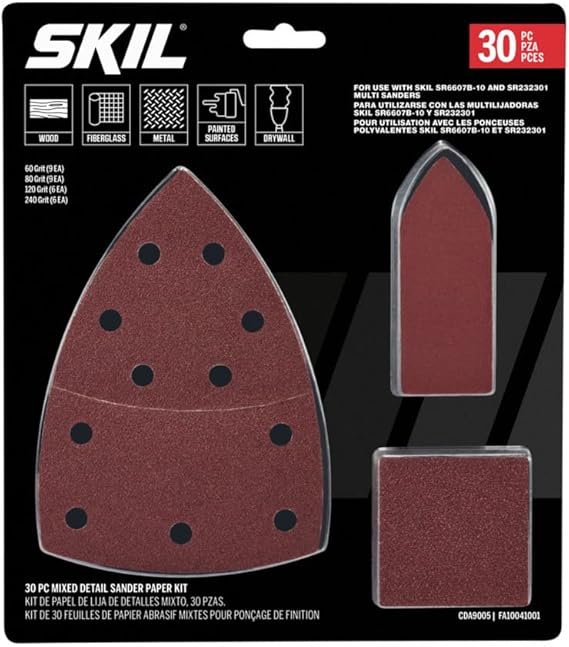 SKIL 30-Piece Mixed 60/80/120/240 Grits Detailed Sand Paper Kit for SKIL Sanders SR232301 & SR6607B-10 - CDA9005