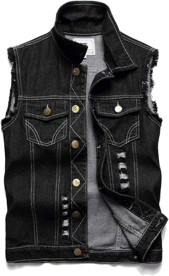 Men's Denim Vest,Sleeveless Jacket Slim Fit Vintage Casual Ripped Summer Jean Vest for Men
