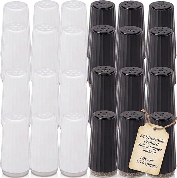 (Set of 24) Disposable Prefilled Salt & Pepper Shakers – Bulk Ready‑to‑Use Table Seasoning Sets for Restaurants, Catering, Events | 4 oz Salt + 1.5 oz Pepper (24)