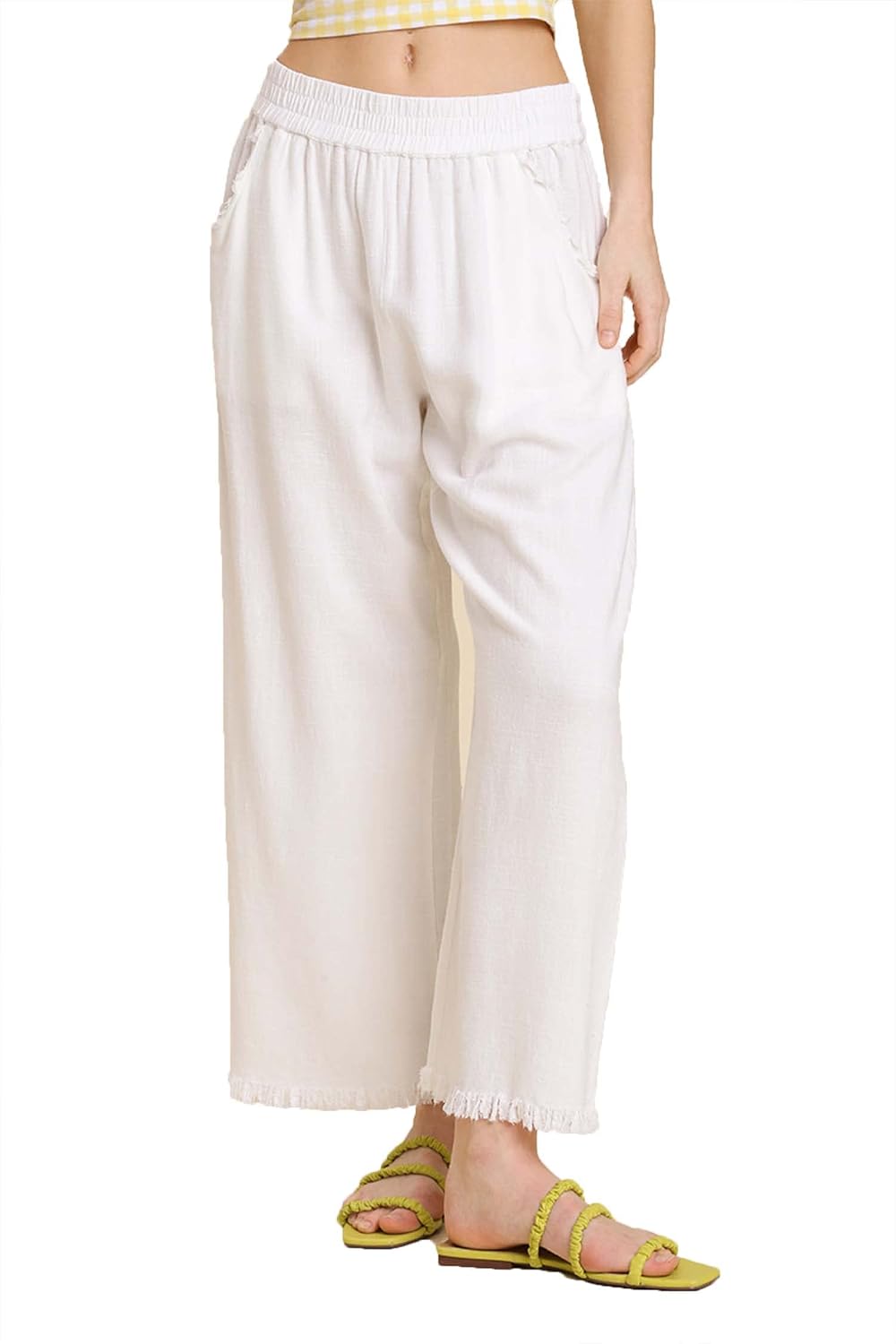 Umgee Womens Wide Leg Pant with Elastic Waist, Pockets, and Frayed Hem