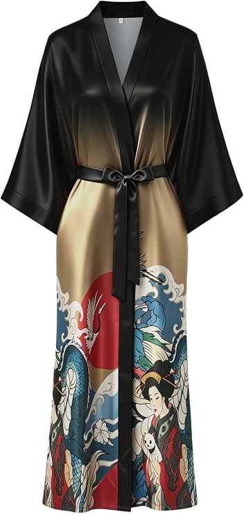 Women's Long Satin Kimono Robes Floral Pattern Lightweight Bathrobe
