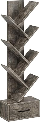 Rolanstar Bookshelf with Wooden Drawer, 7 Shelf Tree Bookshelf, Modern Book Storage, Free Standing Tree Bookcase, Utility Organizer Shelves for Home Office, Living Room, Bedroom, Grey
