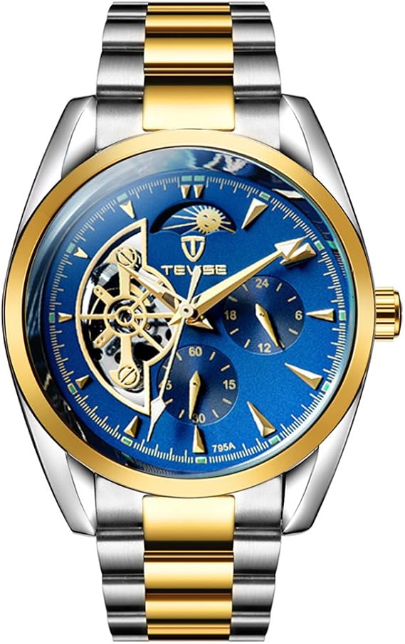 Men's Watch -Tourbillon Moon Phase - Automatic Mechanical - Luminous Waterproof (Gold Blue)