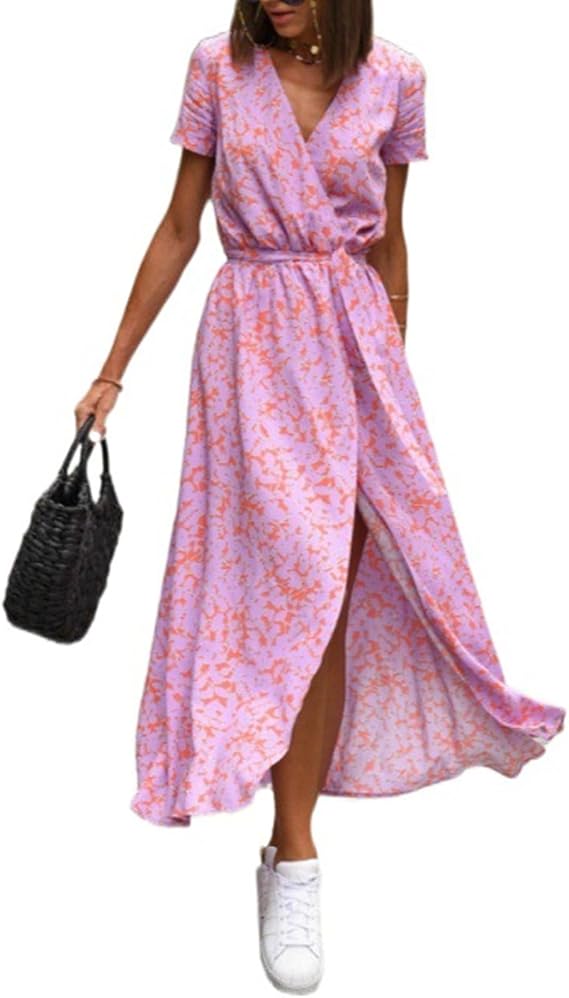 Women's Summer Dresses Floral Short Sleeve Wrap V Neck A-Line Midi Dress Summer Beachwear for Swimwear Coverups