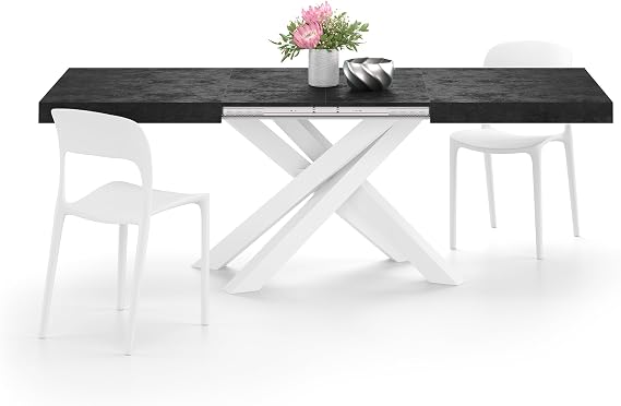 Mobili Fiver, Emma 55.11(86.6) x35.4 in, Extendable Dining Table, Concrete Effect, Black with White Crossed Legs, Made in Italy