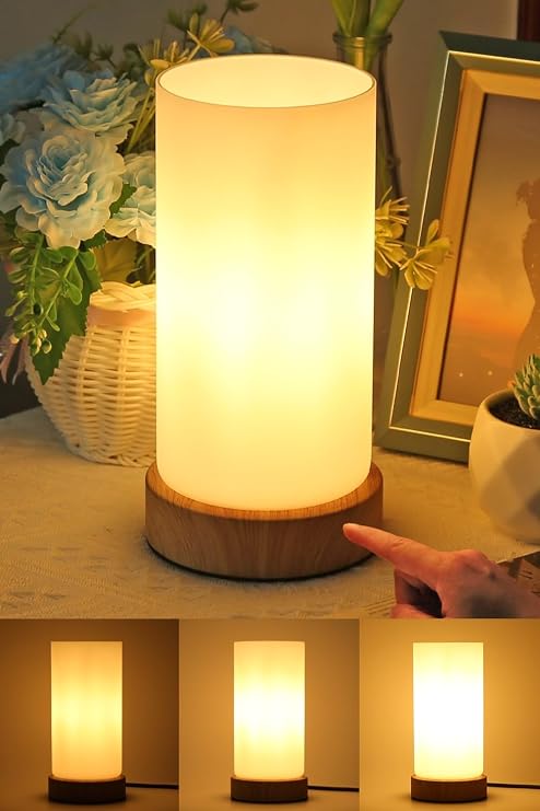 Bedside Lamps, Small Touch Glass Shade Dimmable Table Lamp for Bedroom | 3-Way Dim, 2700K Warm Light, Wooden Grained Base, Bulb Included, UK Mains Plug, Compact for Bedside Table Dorm Living Room [Energy Class F]