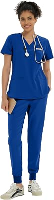Kitmaz Medical Scrub Set For Women - Modern V-Neck Scrub Top & Slim Jogger Scrub Pants, 8 Pockets, Anti-Wrinkle
