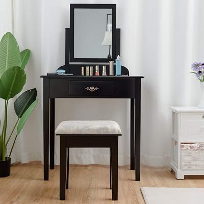 Vanity Dressing Table Stool Set, for Bedroom Vanities Furniture with Large 360° Rotating Makeup Mirror Solid Wood Legs Padded Linen Fabric Bench, Vanity Tables with Drawers, Black
