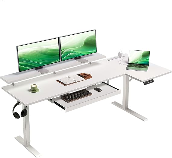 OffiGo 63 Inch Reversible L Shaped Electric Standing Desk, White