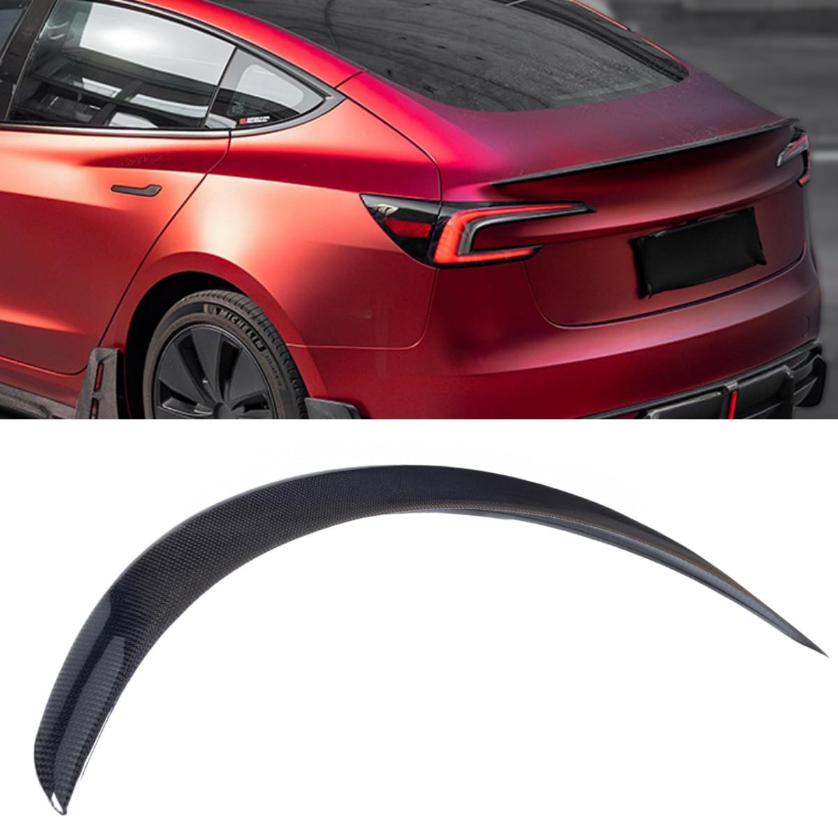 Real Carbon Fiber Rear Spoiler Compatible with 2024-2025 Tesla Model 3 Highland, P Style Duckbill Trunk Exterior High Kick Tail Deck Lid Splitter Wing Lip Glossy