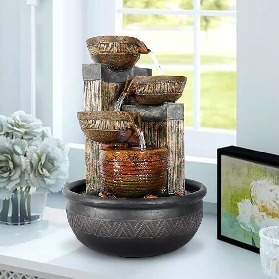 Relaxtion Tabletop Fountain with LED Lights-Desktop Waterfall Fountain Submersible Pump Indoor Home Office Decoration(15.7inch, Brown)