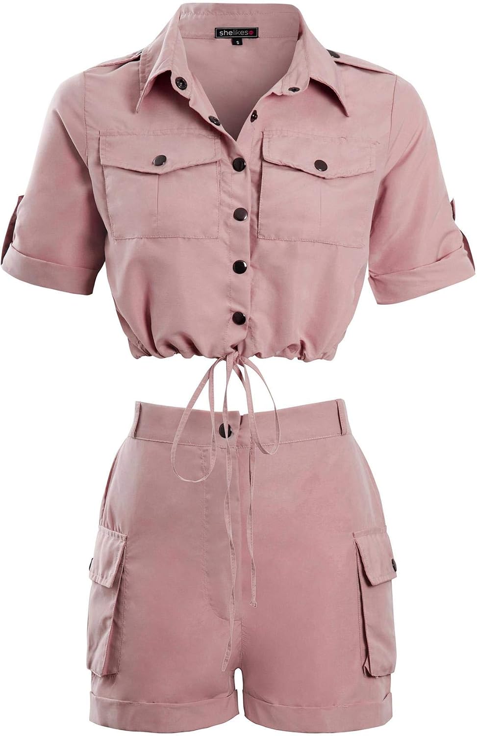 shelikes Womens Ladies Cargo Crop Top Shorts Co ord Festival Tie Front Pocket Set