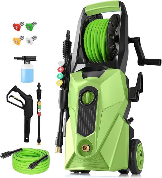 Electric Pressure Washer 5000 PSI,4GPM Power Washer with Foam Cannon,Portable Cleaner with 33ft Hose Reel,4 Nozzle Tips,and Soap Bottle for Cars/Home/Driveways/Patios/Decks/Fences (Green)