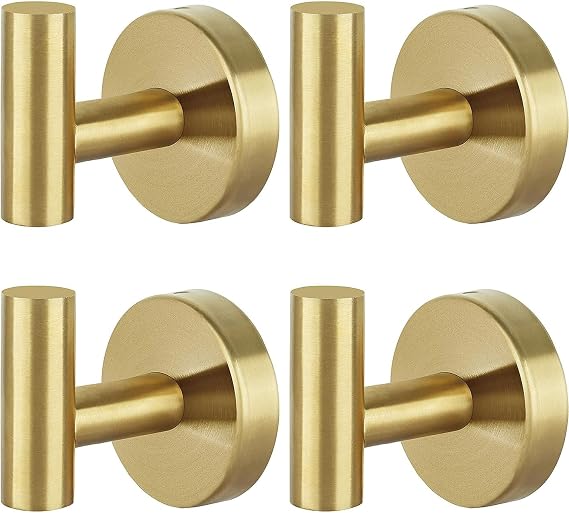 Towel Hooks -4 Pack SUS 304 Stainless Steel Bathroom Wall Hooks - Brushed Gold Heavy Duty Coat Hooks for Hanging Robes and Keys in Kitchen