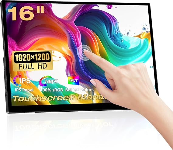 Portable Touchscreen Monitor, 16 Inch 1920X1200P Monitor IPS Touch Screen Monitor with USB C HDMI Port, 300cd/m2, External Monitor for Laptop PC Phones Computer Ras Pi