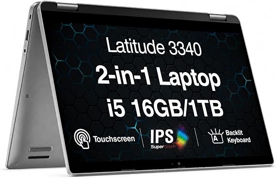 Dell Latitude 3340 2-in-1 Convertible Laptop 13.3" FHD IPS Touch Display | Intel Core i5-1335U, 16GB LPDDR5 RAM, 1TB PCIe SSD, Backlit Keyboard, Wi-Fi, Bluetooth, HDMI, Webcam, Windows 11 Pro