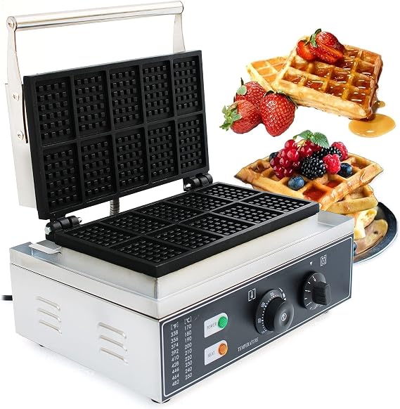 Professional Waffle Iron 220 V Commercial Waffle Machine 10 Pieces 1500 W Electric Waffle Machine with Non-Stick Coated Plates and Timer Time and Temperature Controllable (D)