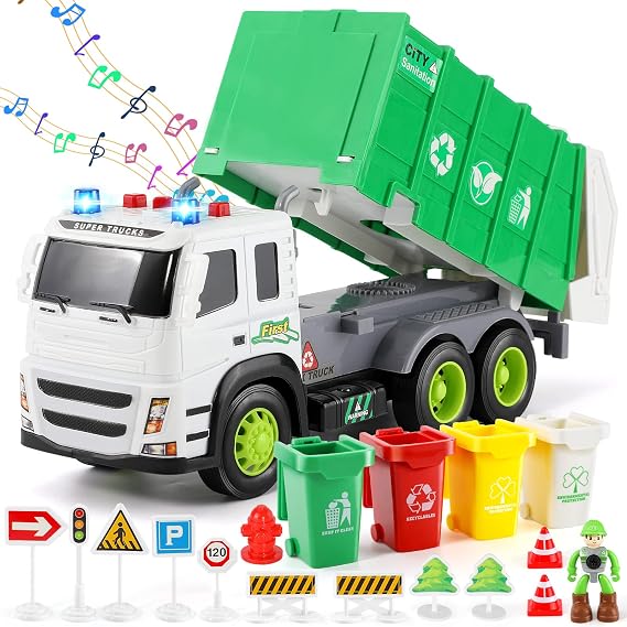 Garbage Car Toy Truck Garbage Truck Toy with Sound and Light and Wheelie Bin Vehicles Toy Gift for Children Boys Girls 3 4 5 6 Years