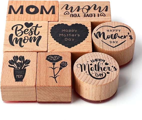 Supervitae 8 Pcs Mother's Day Rubber Stamp Set Wooden Rubber Stamps Vintage Wooden Rubber Art Stamps for Crafting and DIY Scrapbooking Card Making Hand Book
