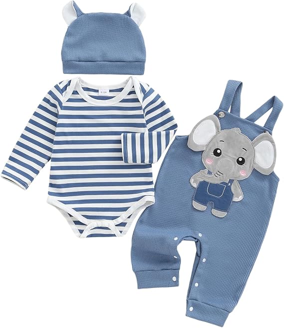 Newborn Baby Boy Clothes Striped Romper Overall Dungarees Hat Set