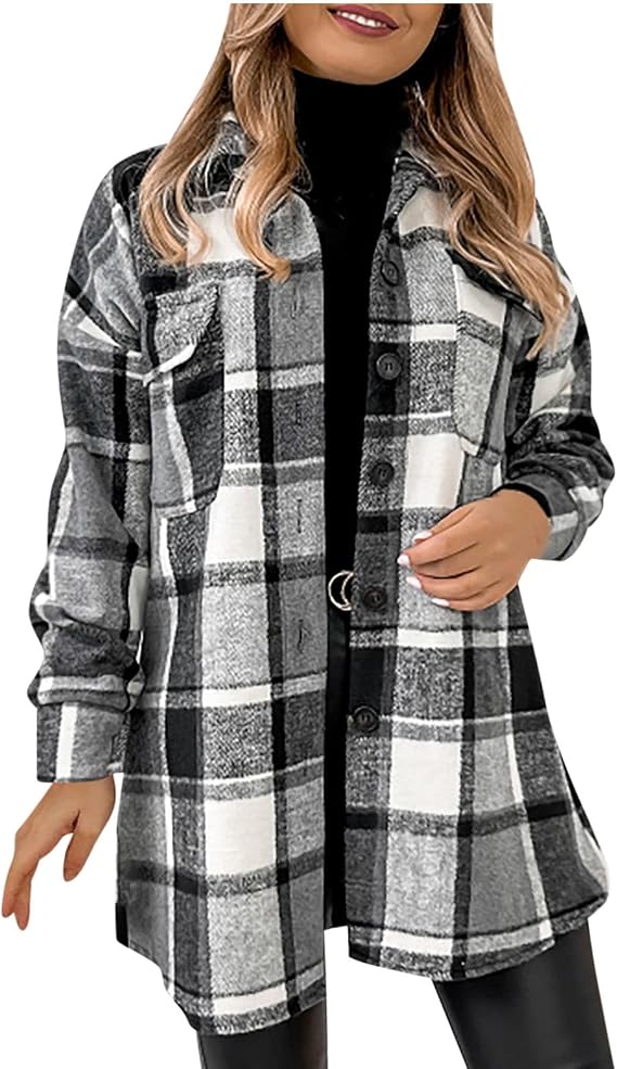 Women Plaid Flannel Shackets 2024 Button Down Shirt Jacket Long Sleeve Casual Jackets Tops Trendy Fashion Fall Clothes