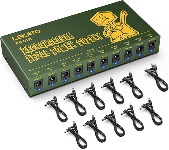LEKATO Built-in 10000mAh Rechargeable Battery Guitar Pedal Power Supply, 10 Isolated DC Outputs, 9V 300mA, 100mA Effect Pedal Boards Power Supply, 5V/1A USB Port, Short Circuit Protection, PS-01R