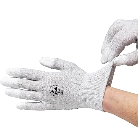 3 Pairs Anti Static Safety Gloves – Grey PU Coated Fingertip Work Gloves for Electronics, Assembly & Repair – Non‑Slip ESD Protective Gloves for PC Building, Soldering & Phone Repair, Large