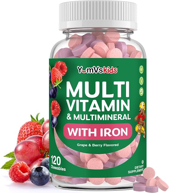 YumVs Kids Multivitamin with Iron & Minerals Chewable Tablets Grape & Berry Flavor Vitamins for Toddlers & Children Age 2+ Daily Multivitamin for Immune Support Kosher, Non-GMO 120 Chewables