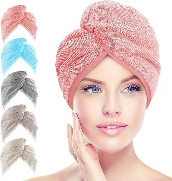 AIDEA Hair Towel Wrap, 5 Pack Absorbent Fast Drying Hair Towels 26"10" | Microfiber Hair Towel for Curly & Long Hair, Anti Frizz Hair Turbans, Hair Towel for Women (Pink/ Coffee/ Blue/ Gray/ Beige)