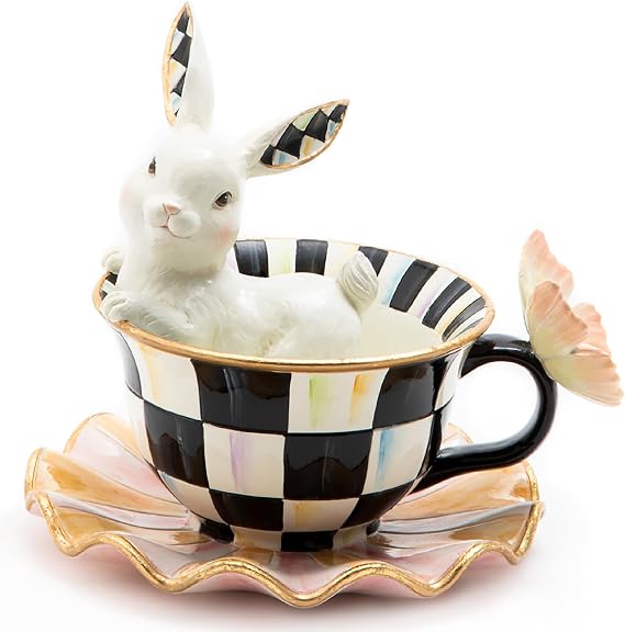 MACKENZIE-CHILDS Teacup Bunny, Cute Bunny Cup Figurine, Decorative Easter Rabbit Figurine