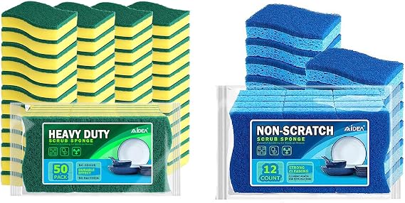 AIDEA-Brite Non-Scratch Scrub Sponge 12Count and Heavy Duty Scrub Sponge-50 Count, Cleans Fast Without Scratching, Stands Up to Stuck-on Grime, Cleaning Power for Everyday Jobs