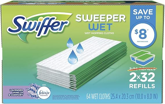 Swiffer Sweeper Wet Cloth Refill, White 64 Count