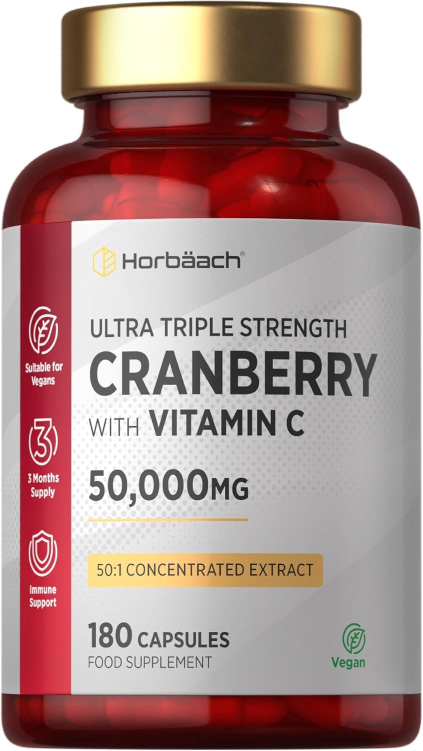 Cranberry Capsules 50,000 mg | High Strength Cranberry Extract with Vitamin C | 180 Vegan Capsules | Supplement for Women & Men | by Horbaach