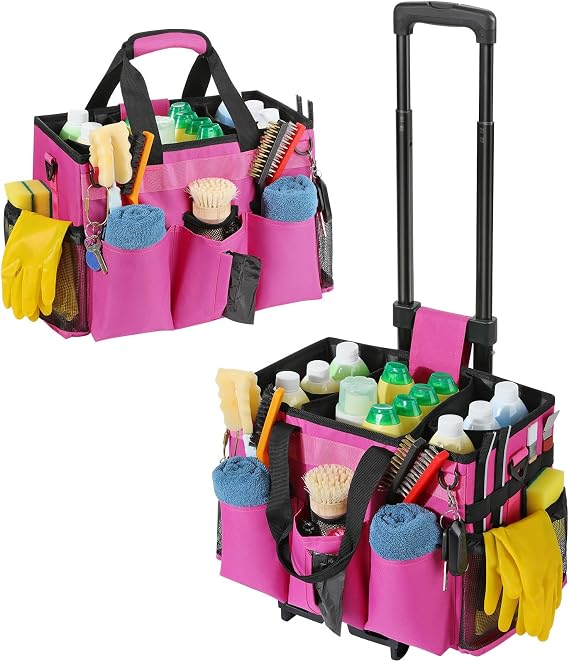 Housolution Rolling Cleaning Caddy Bag with Wheels, Rose Red