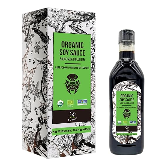 Soeos Organic Soy Sauce, 16.2 FL OZ (480ml), Less Sodium, Black