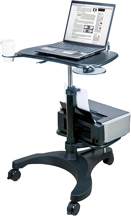 Aidata Ergonomic Sit-Stand Mobile Laptop Cart Work Station with Printer Shelf. with Built in Cup Holder and Mouse Pad. Black (Model: LPD009P)